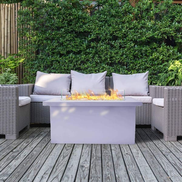 42 Inch x 20 Inch Rectangular MGO Propane Fire Pit Table with Glass Wind Guard, Crystal Glass Beads