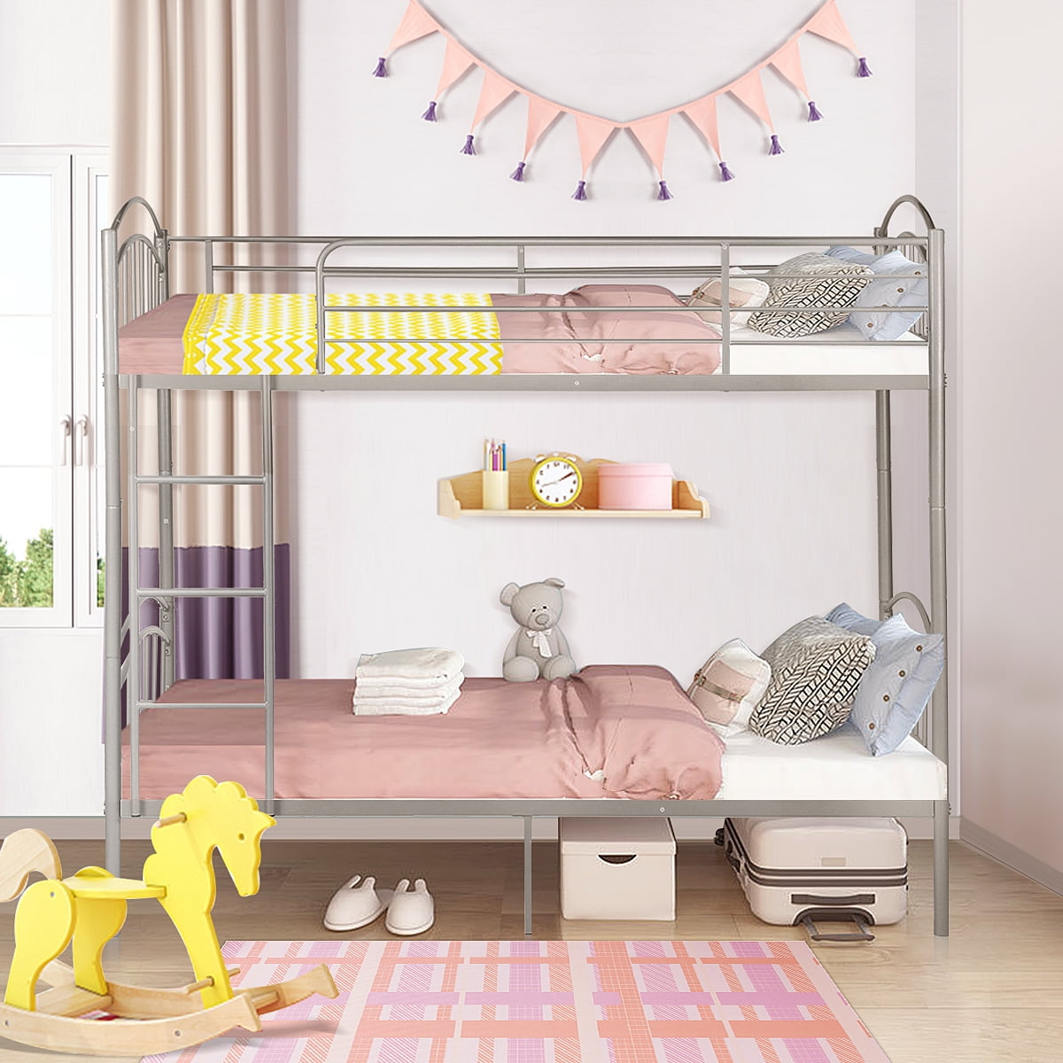 Lusimo Twin Bunk Beds Heavy Duty Metal Bunk Bed Twin Over Twin Convertible 2 Sets of Twin Bed Frame Kids Bunk Beds with Guardrail and Ladder, Silver