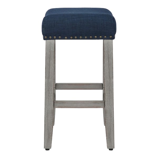 Jameson 24 in. Antique Gray Backless Wood Counter Stool with Navy Blue Seat (Set of 2)