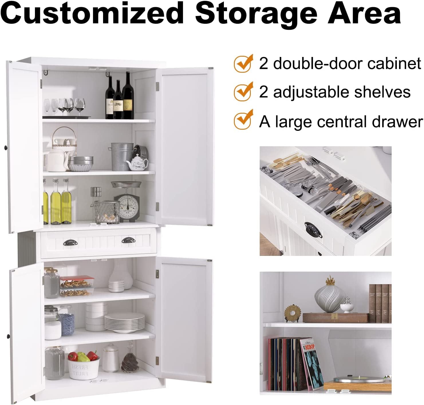 HLR 72 inches Kitchen Pantry Storage Cabinet, Pantry Cabinets with Drawer and Adjustable Shelves, Kitchen Pantry for Bathroom, Livingroom, Dining Room, White