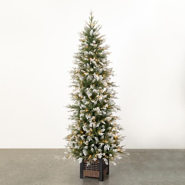 6.75 ft. Green Prelit Potted Snowy Pine Artificial Christmas Tree