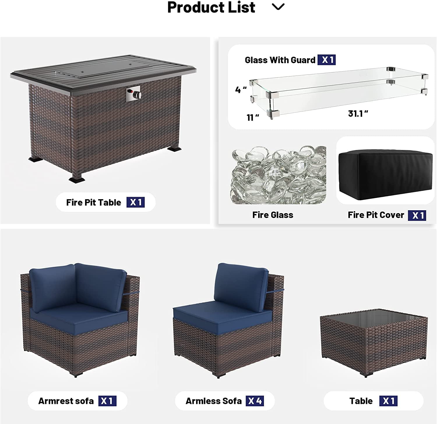 Kullavik Patio Furniture Set PE Rattan Auto-Ignition Propane Fire Pit Windshield Coffee Table Navy Blue