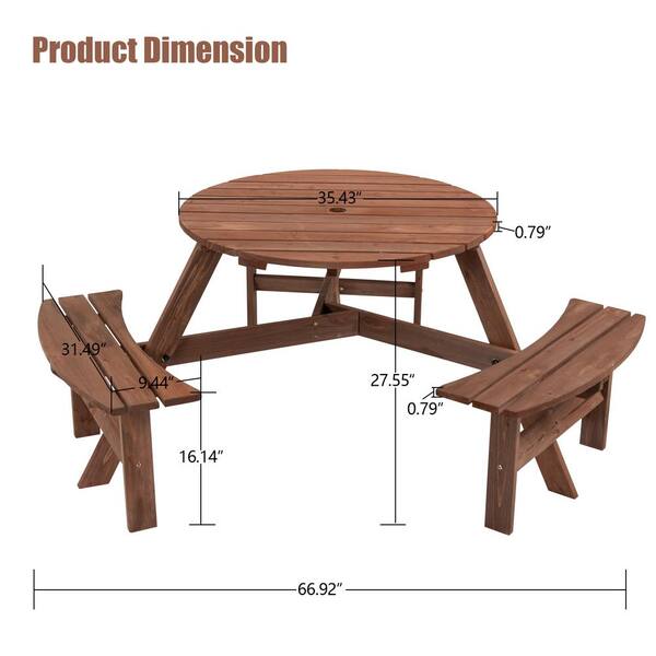 6-Person Wooden Picnic Table with 3 Built-in Benches and Umbrella Hole