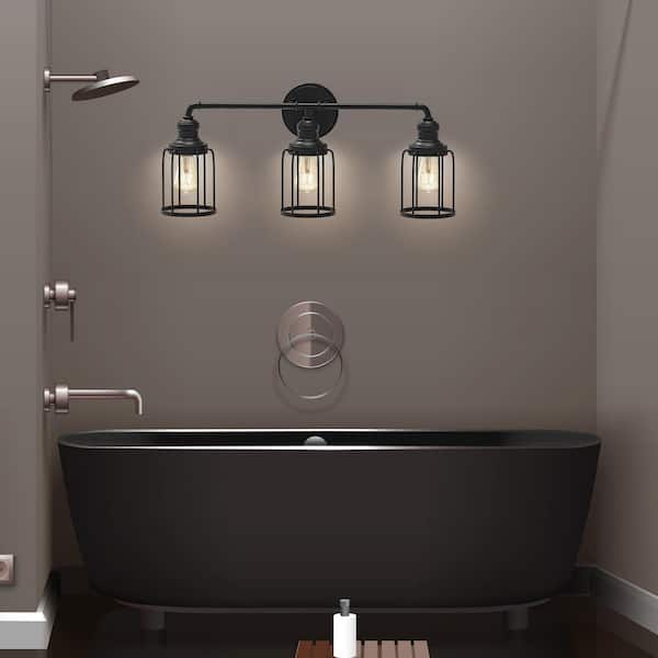 24 in. 3-Light Black Industrial Vanity with Metal Cage Wall Sconce