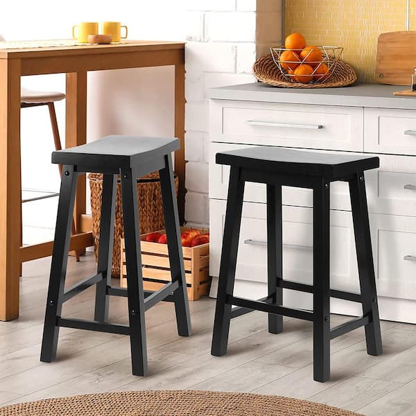 Black Backless Wood Saddle-Seat Tall Kitchen Counter Stools, Set of 2, 16.34 in. x 12.64 in. x 24.00 in.