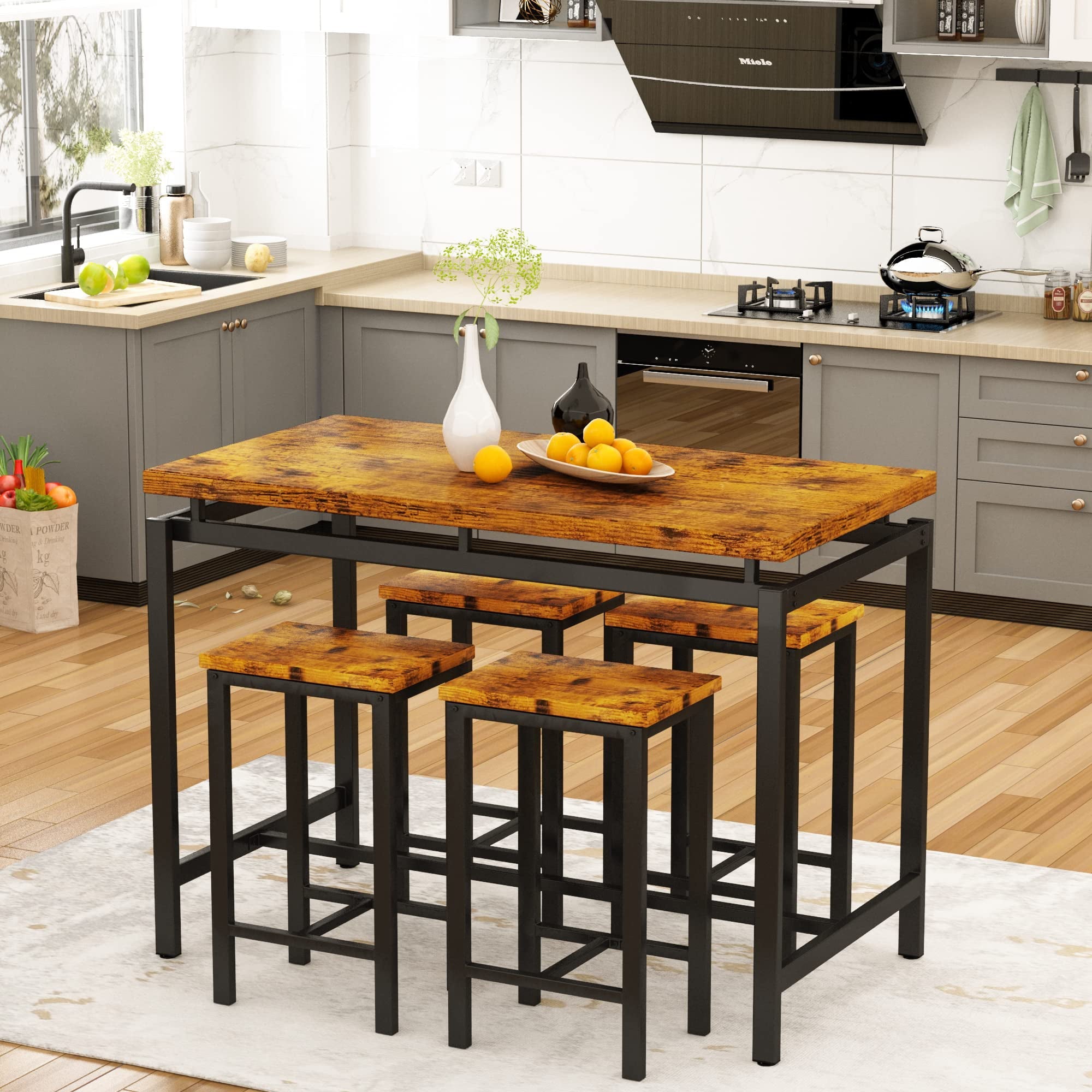 AWQM 5 Piece Bar Table Set, Kitchen Counter Height Table with 4 Stools, Home Kitchen Breakfast Table, Rustic Brown