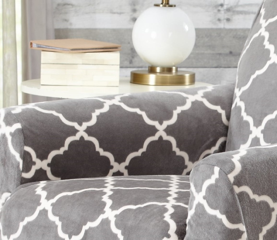 Great Bay Home 1-Piece Velvet Plush Printed Armchair Stretch Slipcover, Grey