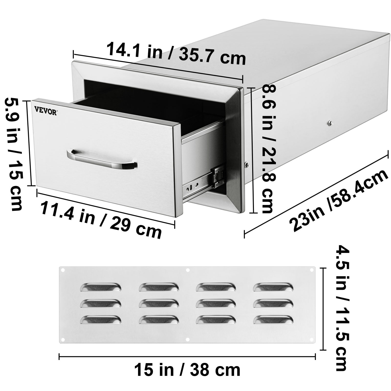 14x8.5 inch Outdoor Kitchen Drawers Stainless Steel, Flush Mount Double Drawers,14Wx8.5Hx23D inch, with Stainless Steel Handle, BBQ Drawers for Outdoor or BBQ Island