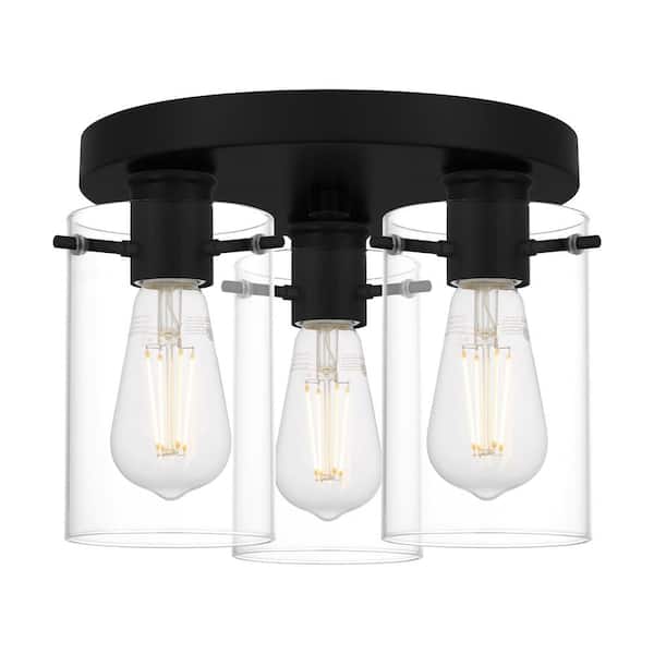 Regan 11.75 in. 3-Light Matte Black Flush Mount with Clear Glass Shades