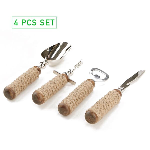 Rope Bar Utensil Set Silver Bottle Opener, Corkscrew, Ice Scoop and Knife 4-Piece Bar Tool Set