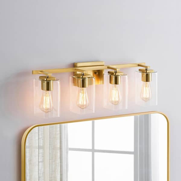 29 in. 4-Light Gold Bathroom Vanity Light with Rectangle Glass Shades