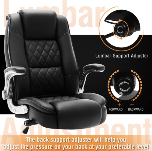 High Back Office Chair- Flip Arms Adjustable Built-In Lumbar Support, Executive