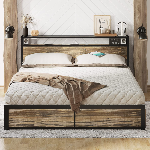 Queen Bed Frame with Storage Drawer, 2-Tier Storage Headboard with Charging Stat