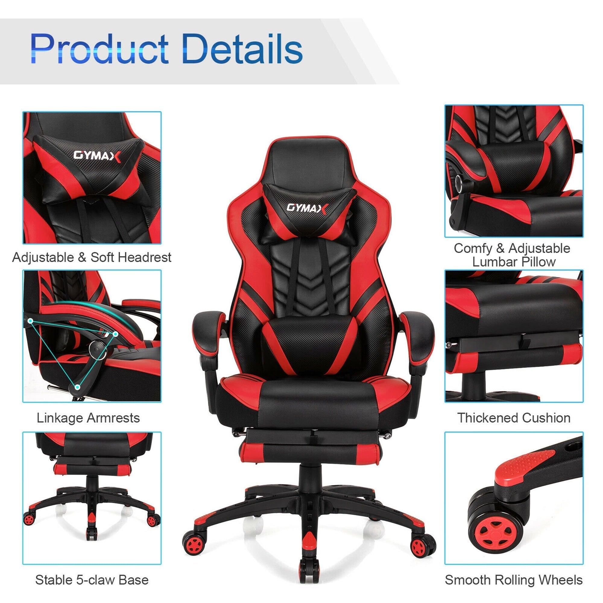 Gymax Office Computer Desk Chair Gaming Chair Adjustable Swivel w/Footrest Red