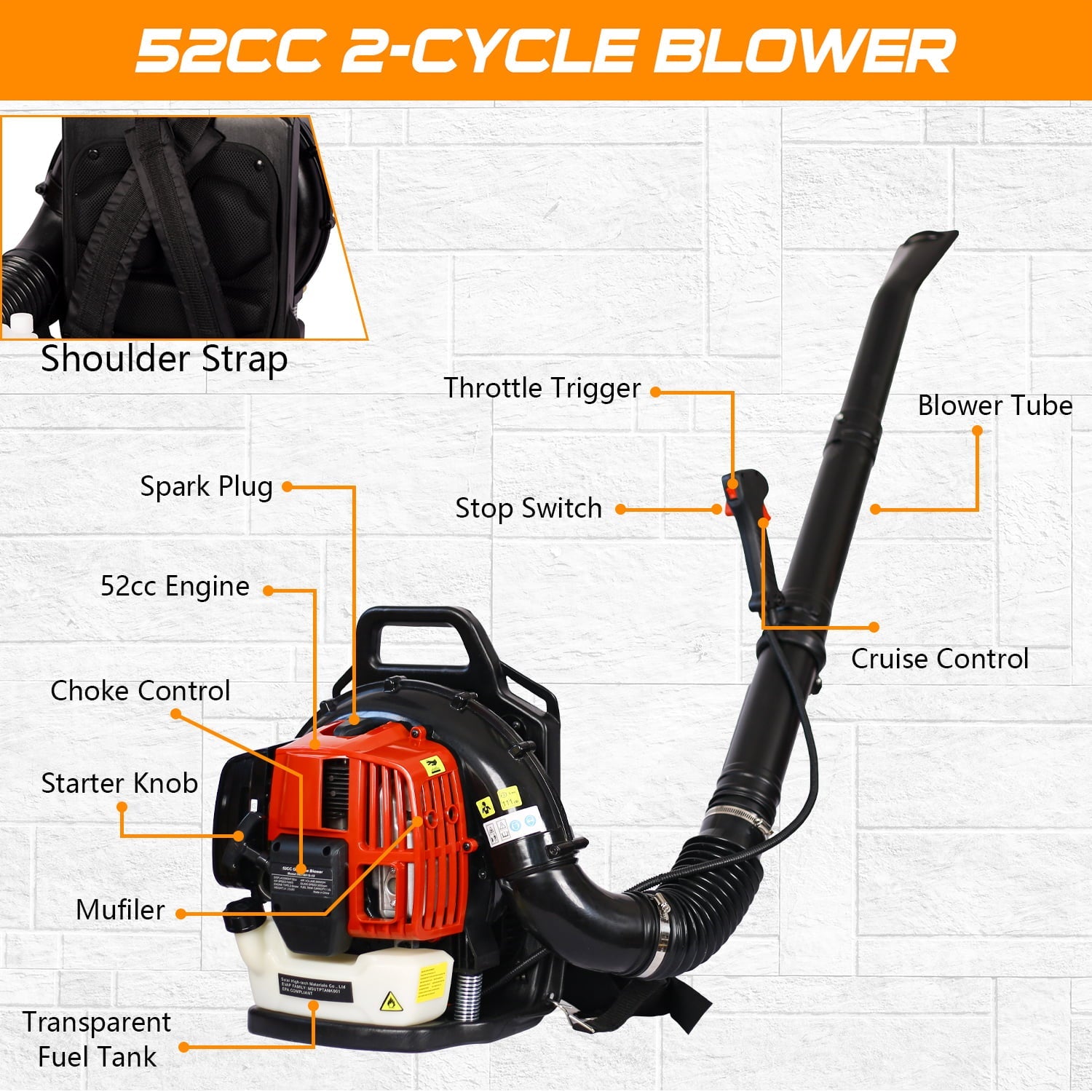 Syngar Leaf Blower with Backpack, Cordless Leaf Blowers for Lawn Care, 52CC 2 Stroke 174MPH 530CFM Gas Powered Blower with Extention Tube for Home Blowing Leaf, Snow Blowing, Dust, Red