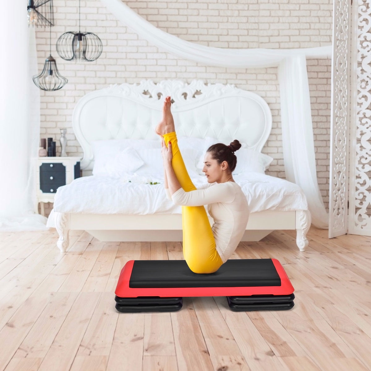 Costway Fitness Aerobic Step 43'' Cardio Adjust 4'' - 6'' - 8'' Exercise Stepper w/Risers Red