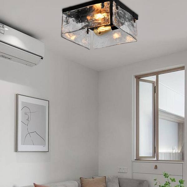 Raleigh 2-Light 11.81 in. Black Flush Mount with Water Glass Shade