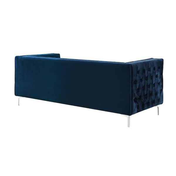 Olivia 34.5 in. Navy Velvet 3-Seater Tuxedo Sofa with Nailheads