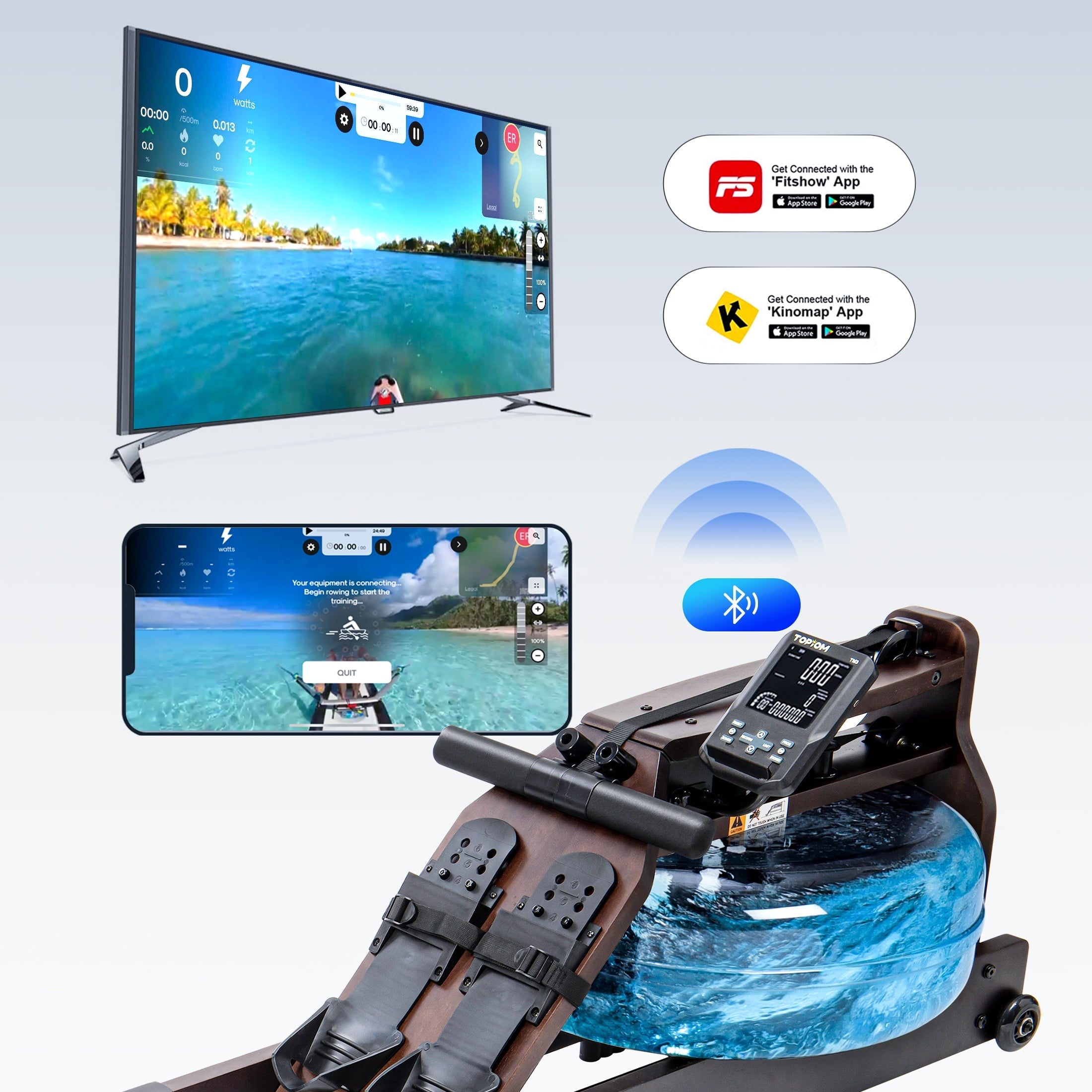 Topiom Water Rowing Machine with TM-3 Performance Monitor Bluetooth Connected 400 lbs Max Load