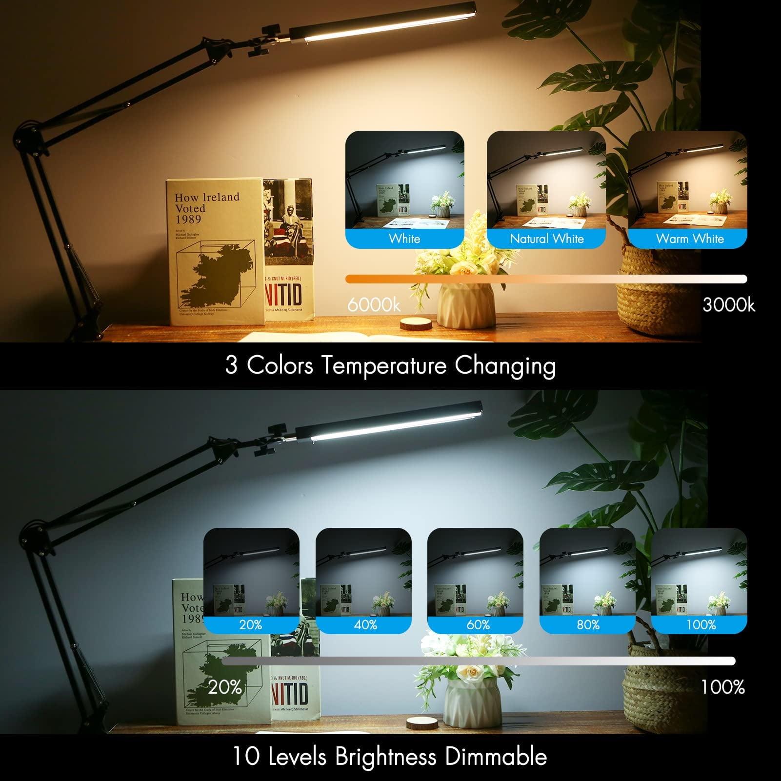 Fimilo LED Double Head Desk Lamp with Clamp,24W Brightest Matte Black Metal Architect Swing-arm Table Lamps, Adjustable Computer Desk Light with 3 Color 10 Brightness for Home Office Work Study