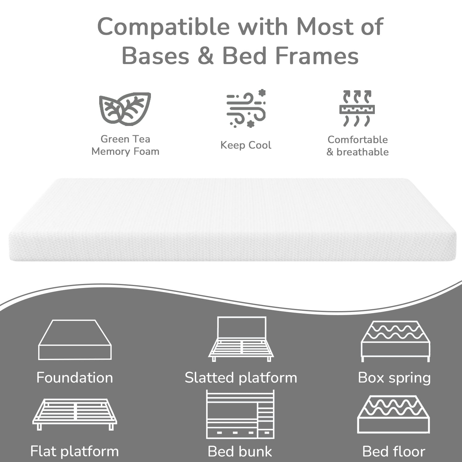 Inch Green Tea Memory Foam Mattress Cooling Gel Infused Mattress,Medium Firm Mattresses CertiPUR-US Certified/Bed-in-a-Box/Pressure Relieving Twin Size,White