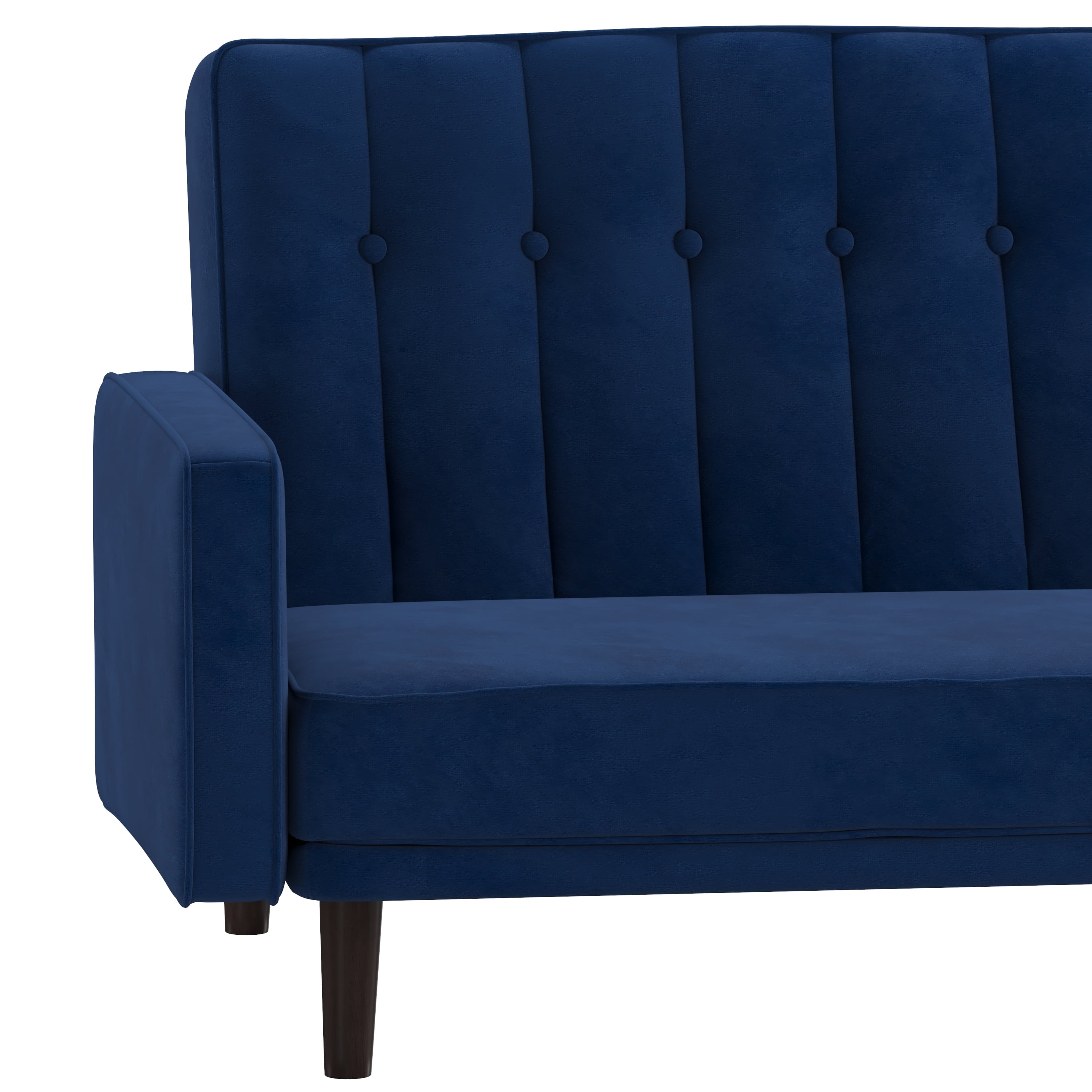 Emma + Oliver Plush Padded Velvet Upholstered Split Back Sofa Futon with Vertical Channel Tufting and Wooden Legs in Navy
