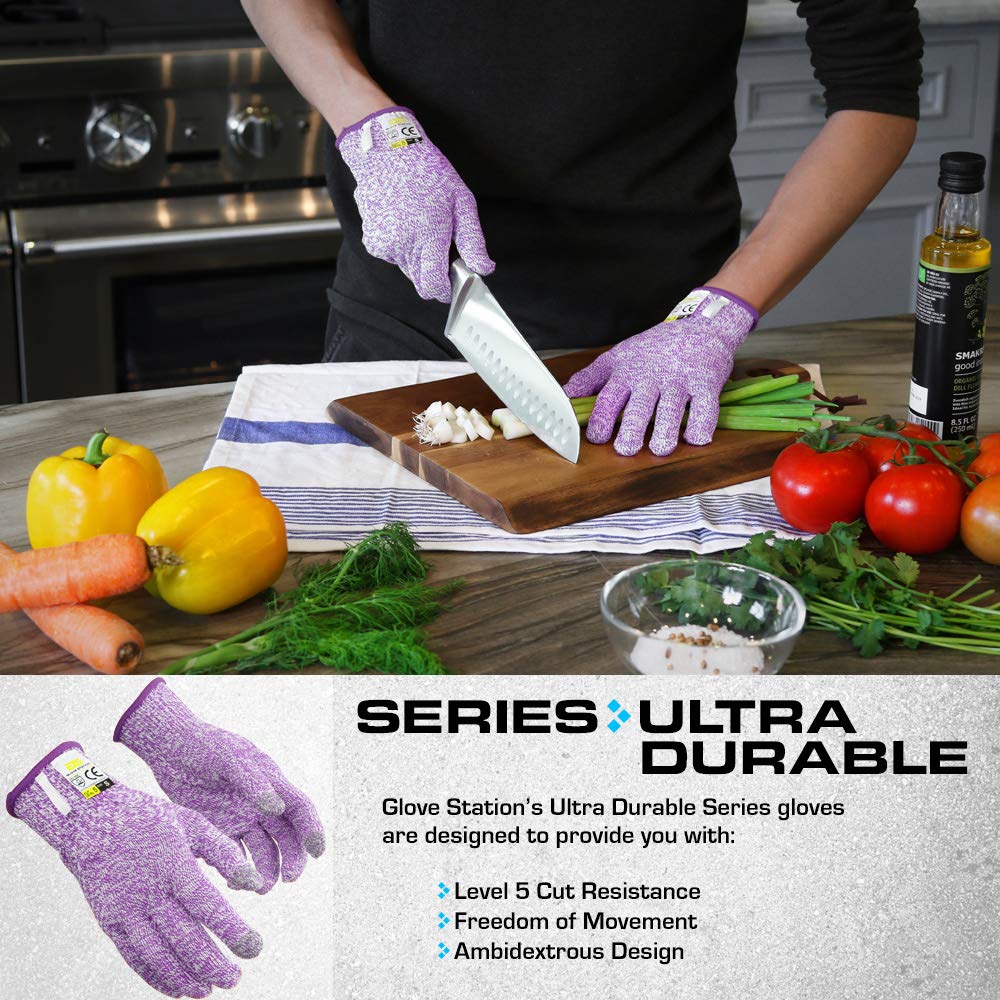 Station Ultra Durable Series Cut Resistant Gloves - Cutting Gloves for Chefs, BBQ and Cooking - Level 5 Protection; Food Grade Safe Cut Proof Gloves - Purple, Medium Size