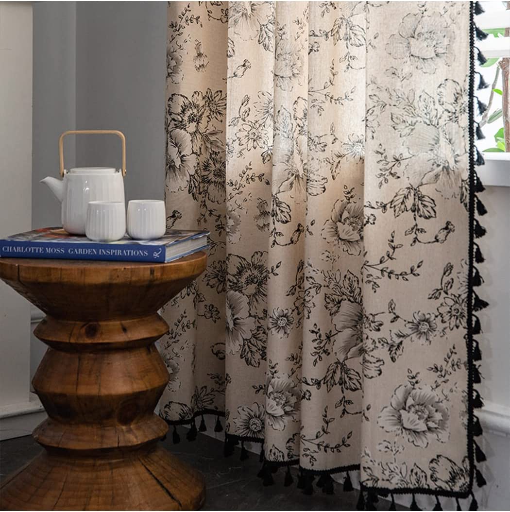 Botanical Print Semi-Blackout Window Curtains 2 Panels Farmhouse Style Cotton Linen Darkening Curtains with Grommet Window Drapes for Living Room Bedroom (59.06