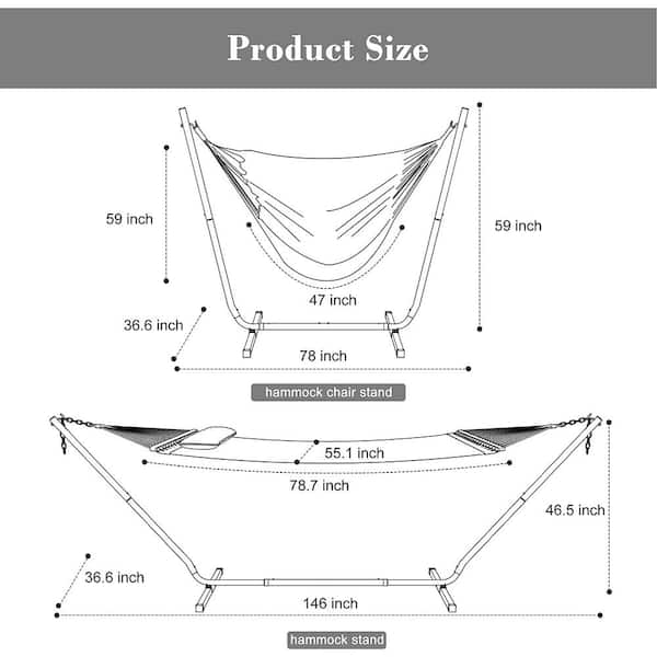 12 ft. 2-in-1 Indoor/Outdoor Hammock Swing Chairs with Stand Included, Heavy-Duty Hammock in Gray (2-Person)