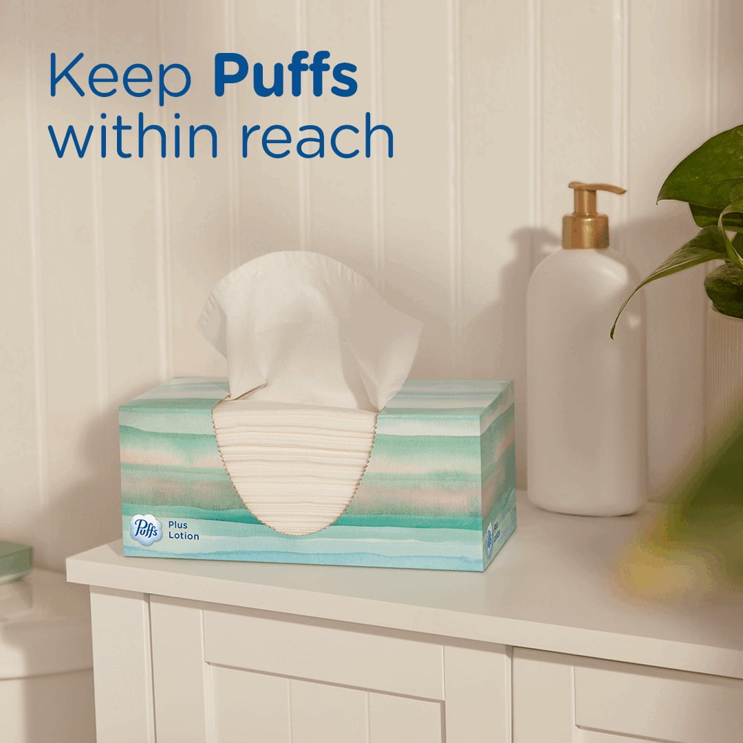 Puffs Plus Lotion Facial Tissues, 4 Family Box, 124 White Tissues per Box