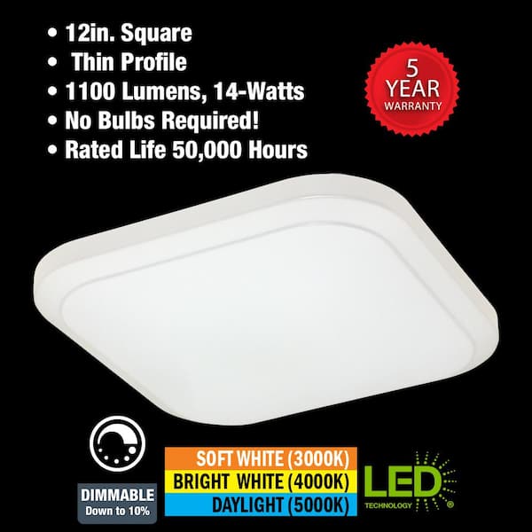 12 in. Low Profile LED Flush Mount Square Closet Light Fixture 1100 Lumens 3000K 4000K 5000K Dimmable Hallway Stairwell