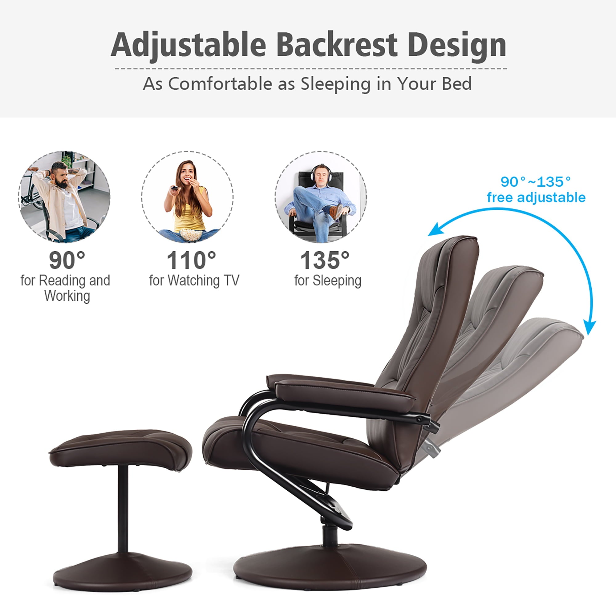 Costway Recliner Chair Swivel PU Leather Lounge Accent Armchair w/ Ottoman Brown