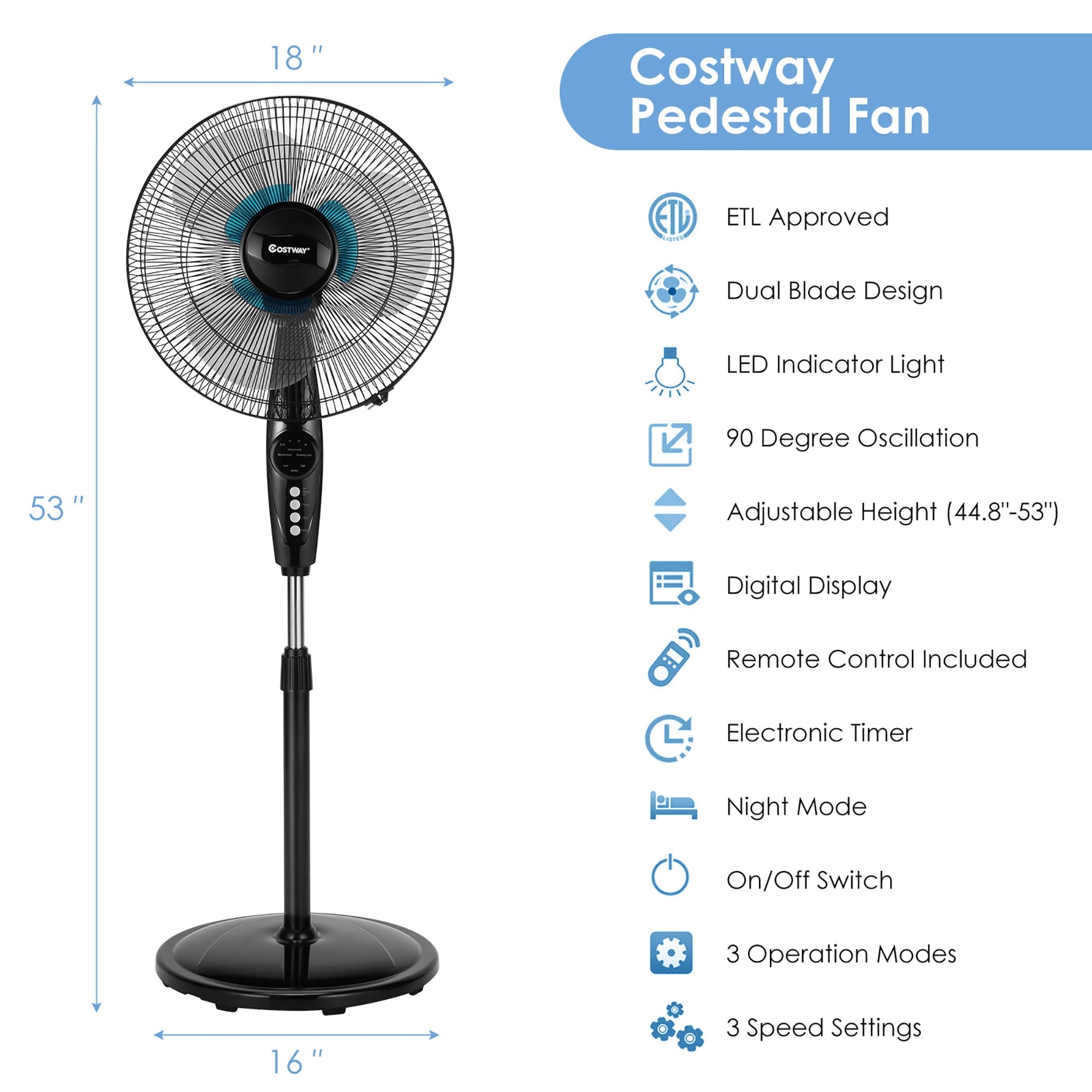 Costway 16'' Adjustable Oscillating Pedestal Fan Dual Blades w/Remote Control