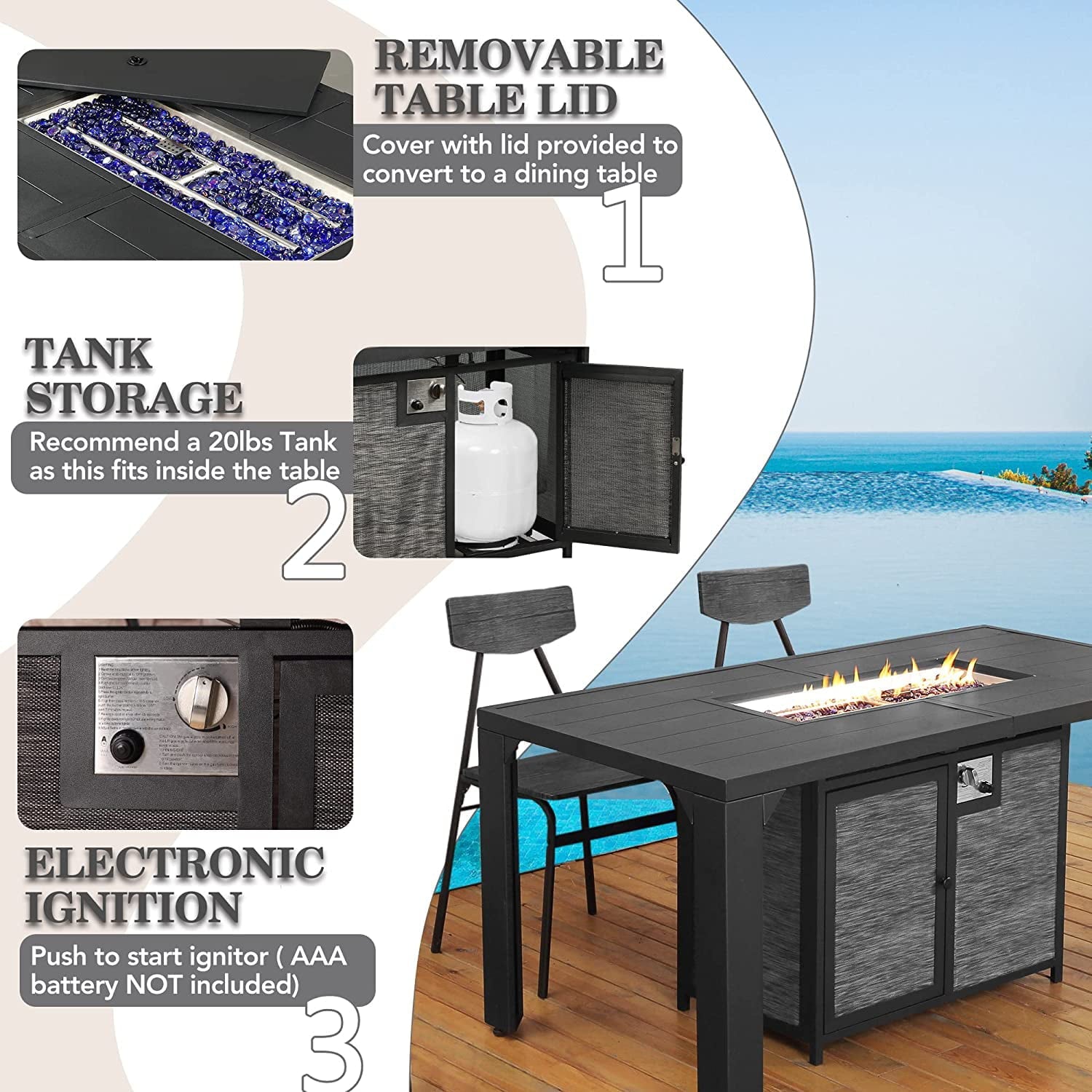 PIZZELLO Outdoor Rectangular Patio Fire Dining Table 62.5