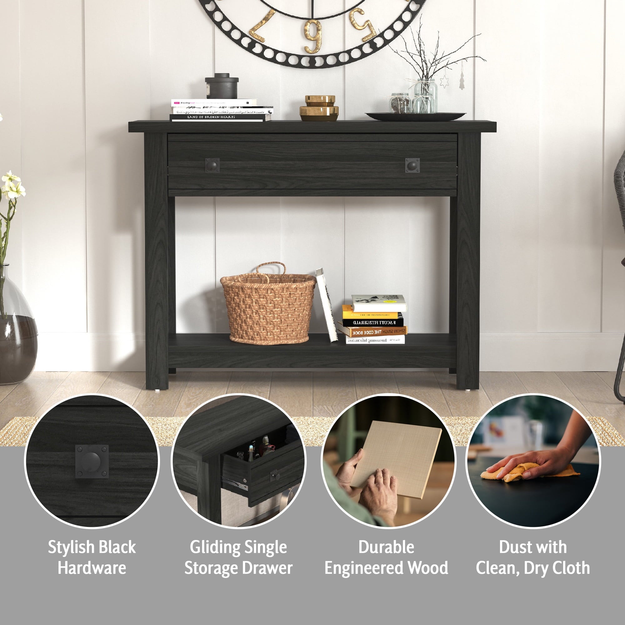 Coover Wood Console Table with 1 Drawer, Black