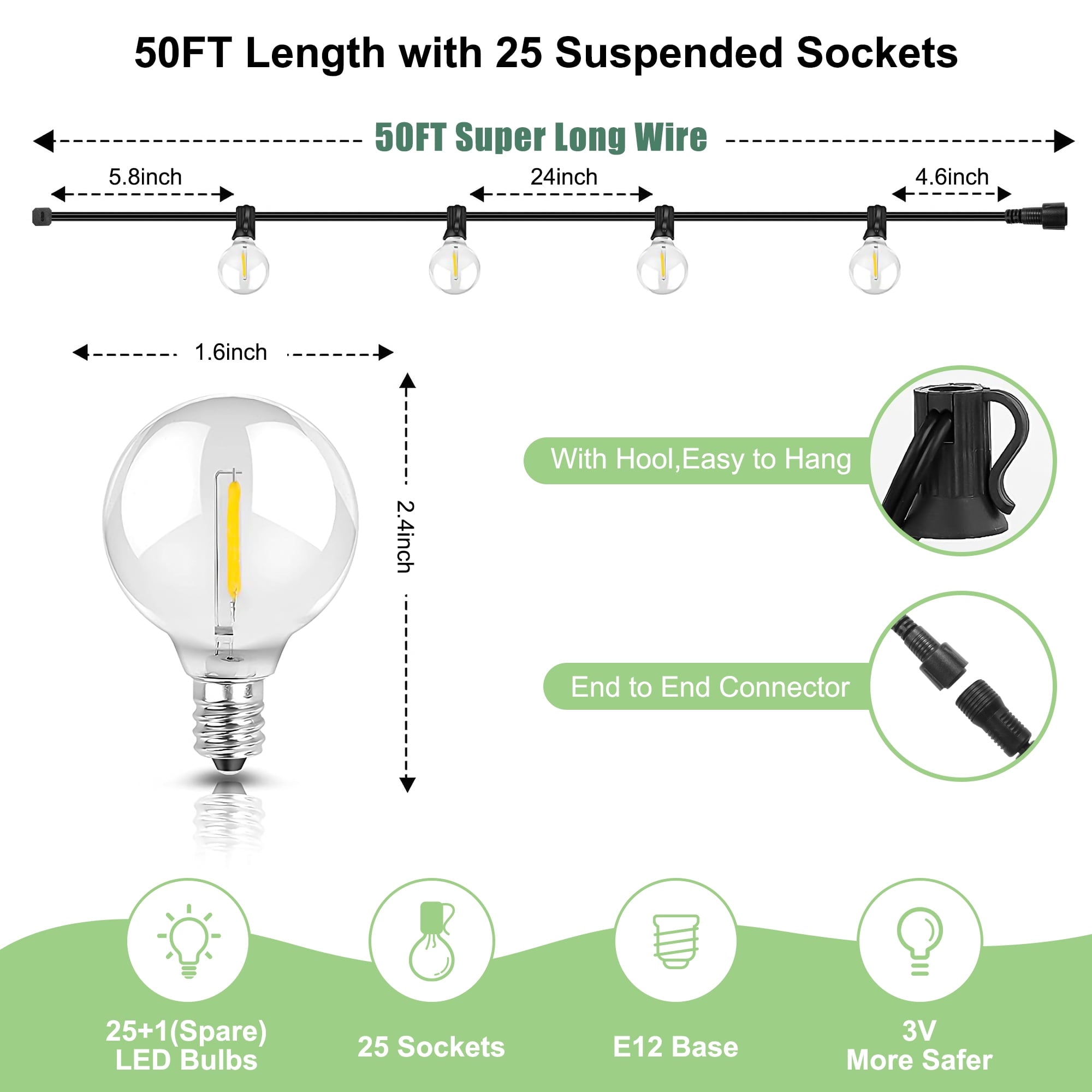 Solar Outdoor String Lights - 50FT Waterproof Patio Lights with 25 Dimmable Hanging Lights Globe G40 Bulbs, Shatterproof LED Christmas Lights for Outside Decor Party Wedding Porch Backyard