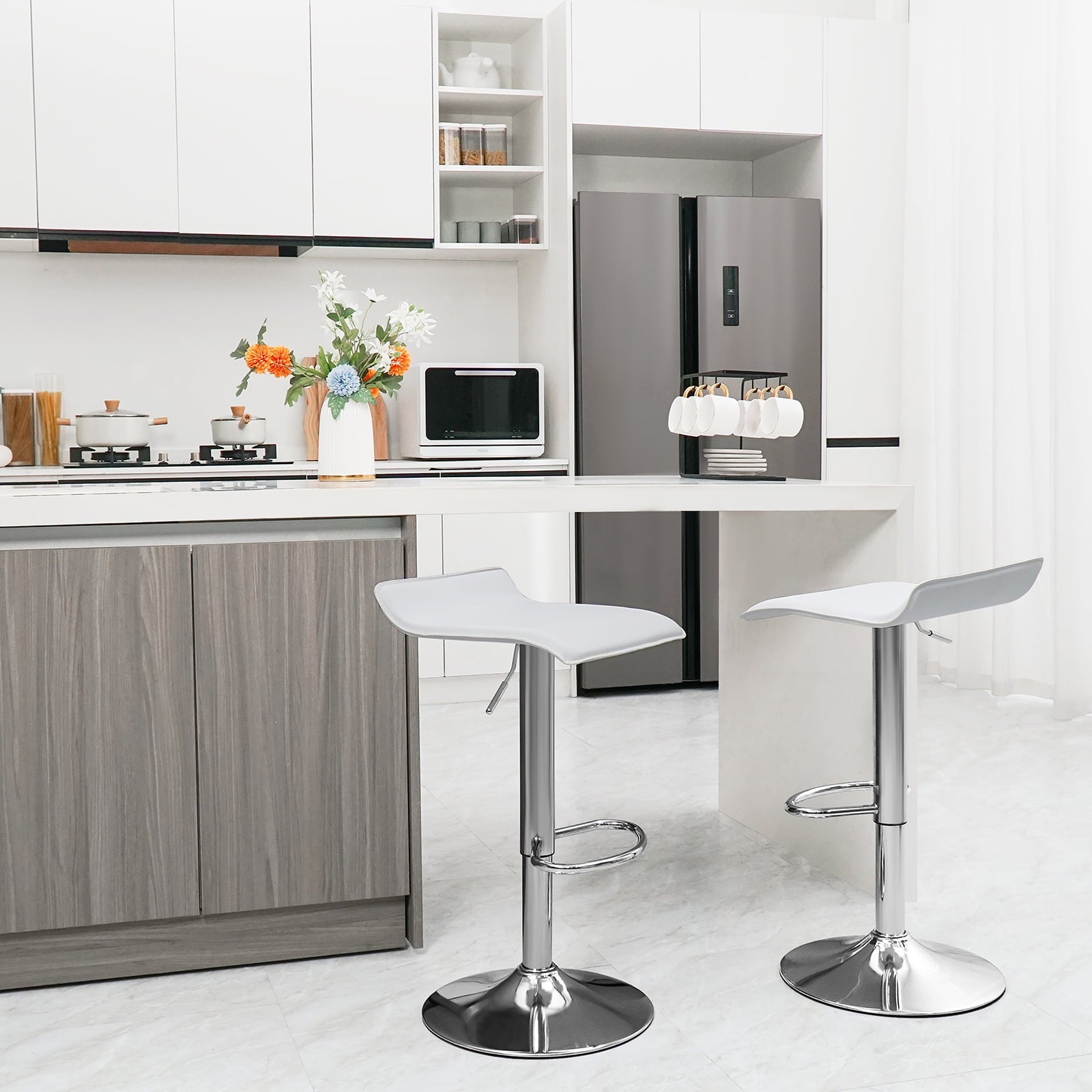 ELECWISH Set of 4 Adjustable Swivel Barstools, PU Leather with Chrome Base, Counter Height Hydraulic Pub Kitchen Counter Chairs, white