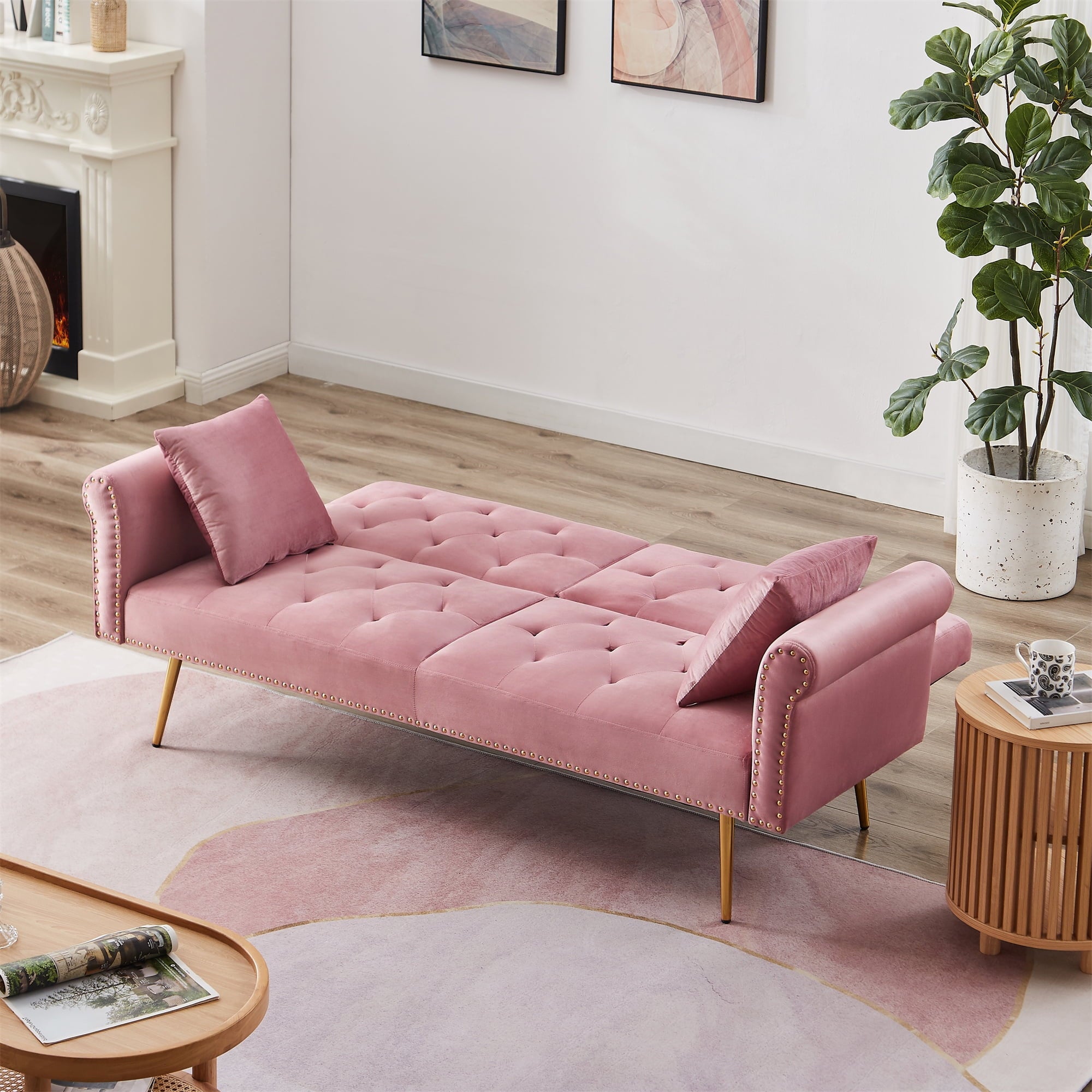 uhomepro Modern Sofa Bed, Convertible Sleeper Sofa with Metal Legs, 2 Pillows, Upholstery Fabric Futon Sofa Bed, Love Seat Living Room Bedroom Furniture for Small Space Office, Pink