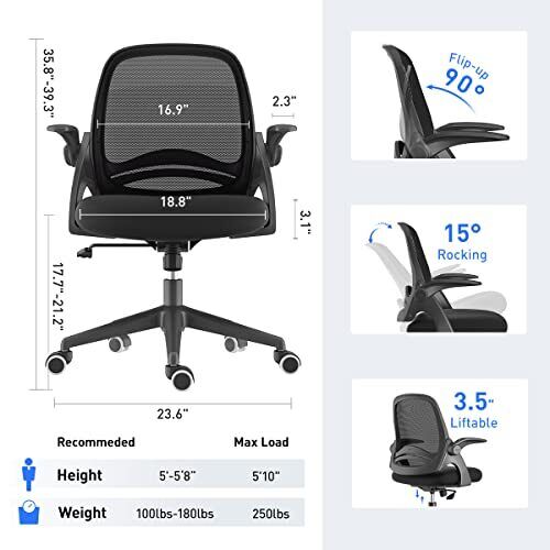 Hbada Office Chair Desk Chair with Flip Up Arm, Breathable Mesh Ergonomic Off...