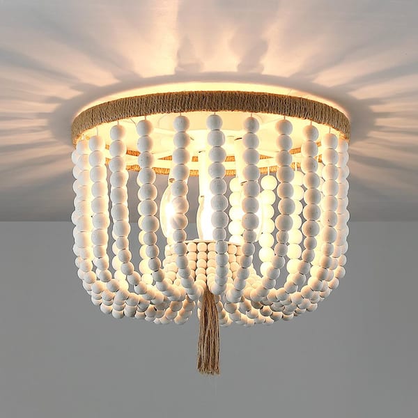 12.6 in. 3-Light Bohemia Antique White Wood Beaded Flush Mount Ceiling Light with Brown Rope Tassel