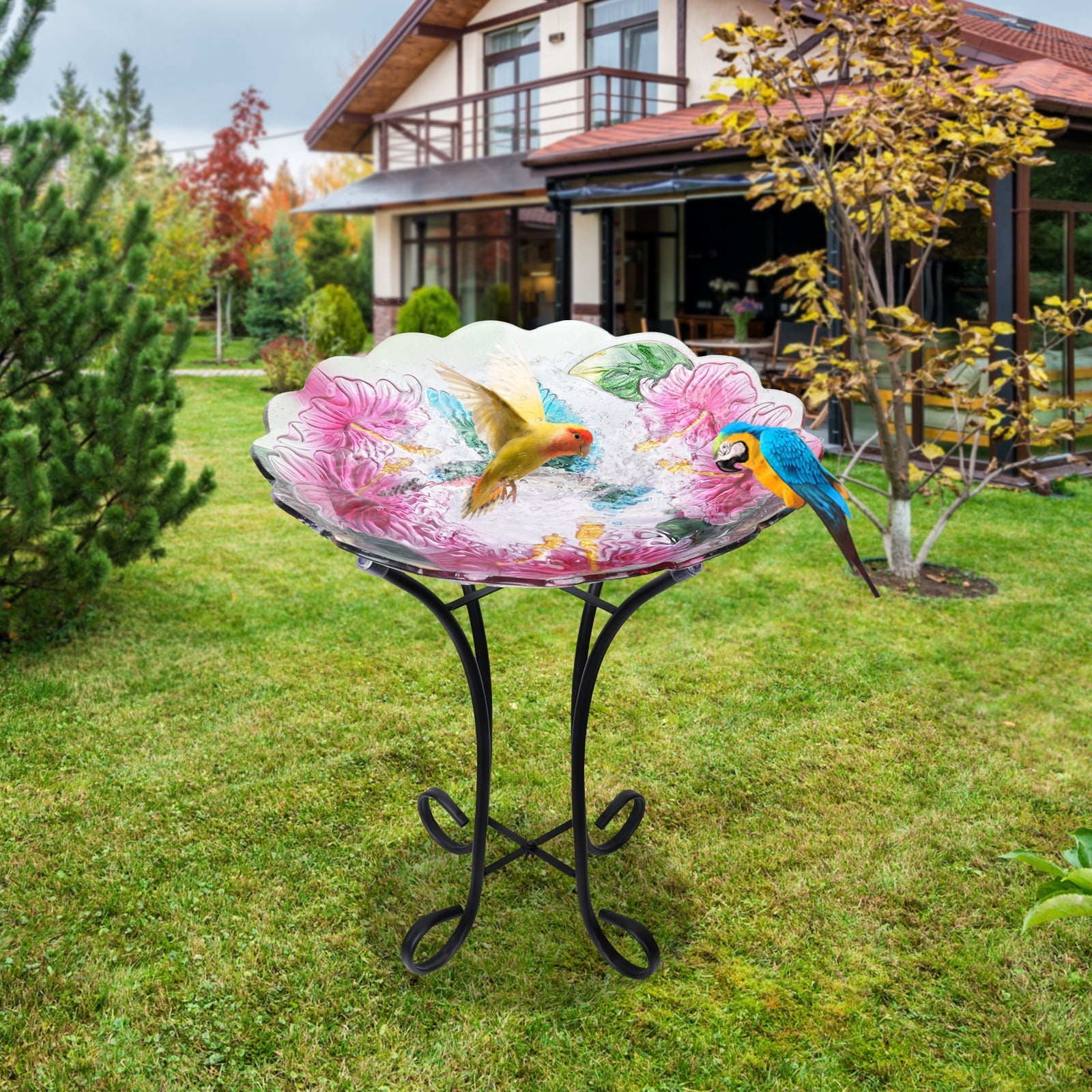 Glass Bird bath with Metal Stand for Garden, Bird Feeder 18 inch Bowl Pink Bird Bath Yard Lawn Decor