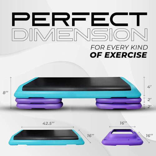 Adjustable Aerobic Step Platform, 40 in x 16 in w/ 4 Risers Teal Black & Purple/