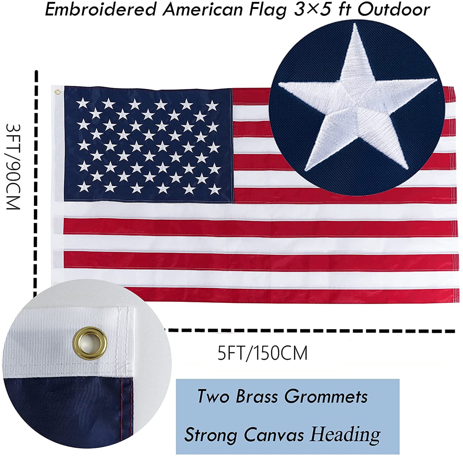 TOPFLAGS American Flags for Outside 3x5 Made in USA - USA Flag, Outdoor Heavy Duty American Flag 3x5 US Flag with Embroidered Stars, Sewn Stripes 3x5 American Flag for High Wind (2PCS free shipping)