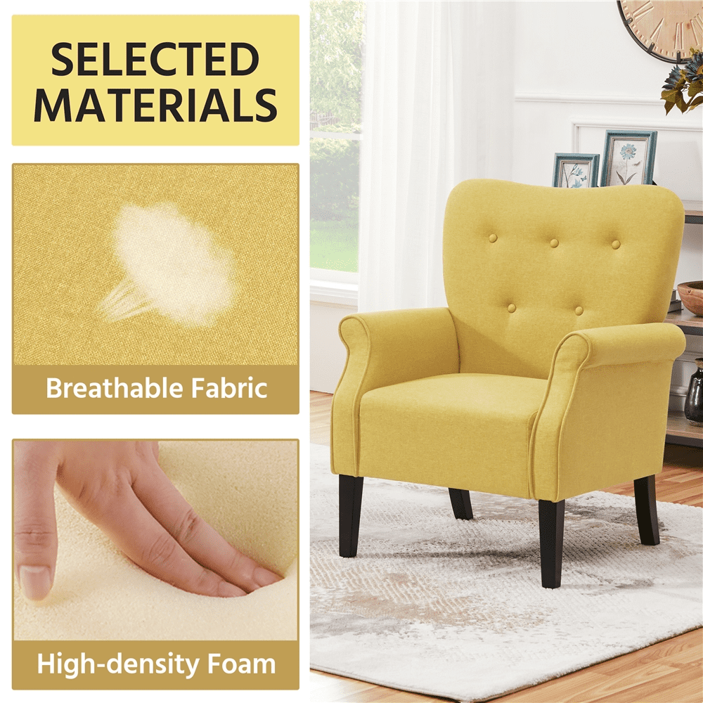 Topeakmart Modern Upholstered Accent Chair Roll Arm Single Sofa with Wooden Leg, Yellow