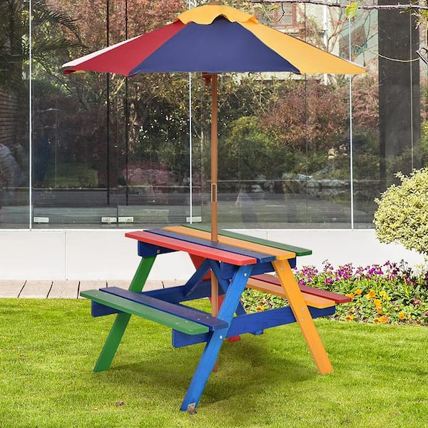Rectangle Wood Outdoor Picnic Table with Umbrella