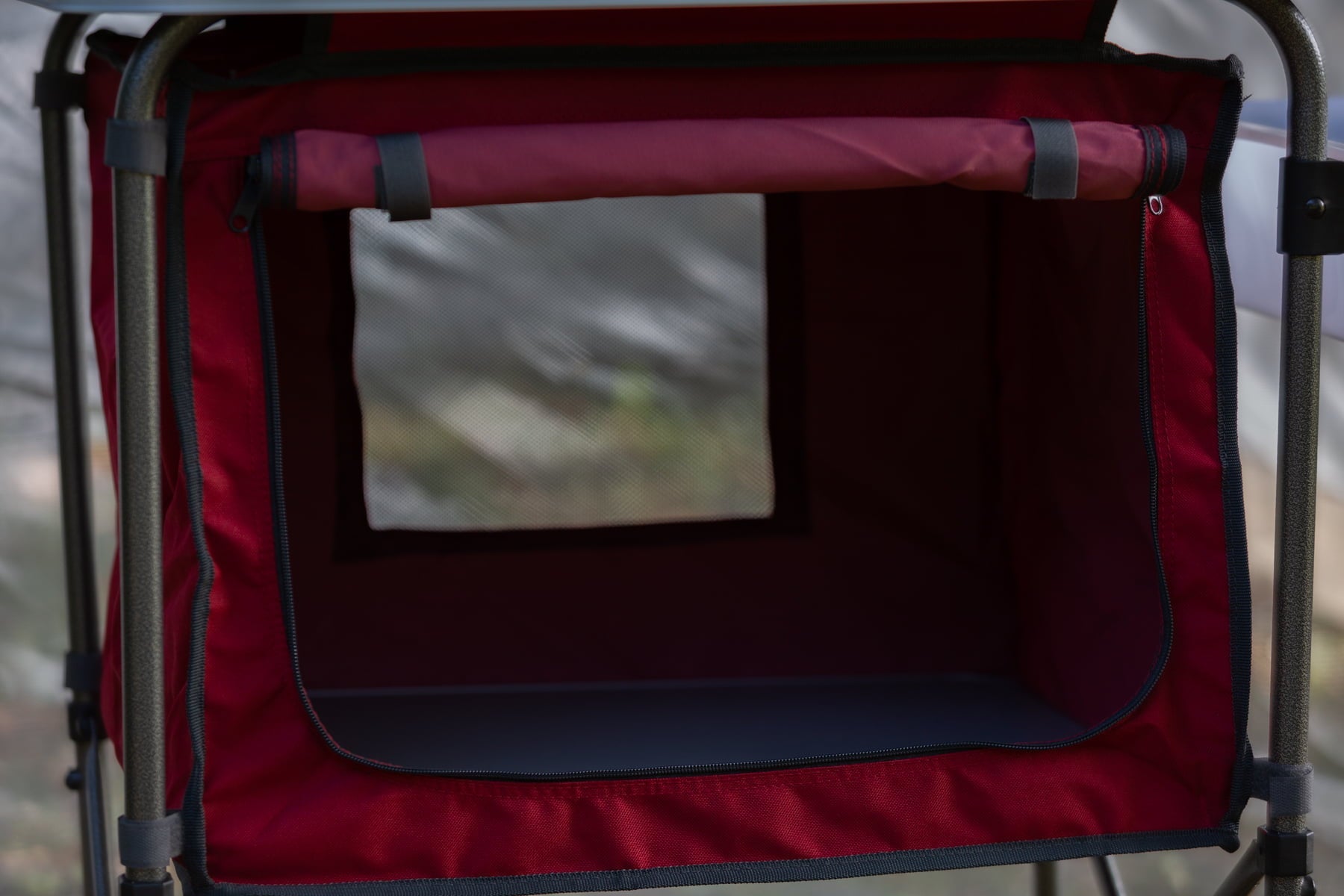 Trail Deluxe Camping Kitchen with Storage, Silver and Red, 31 Height