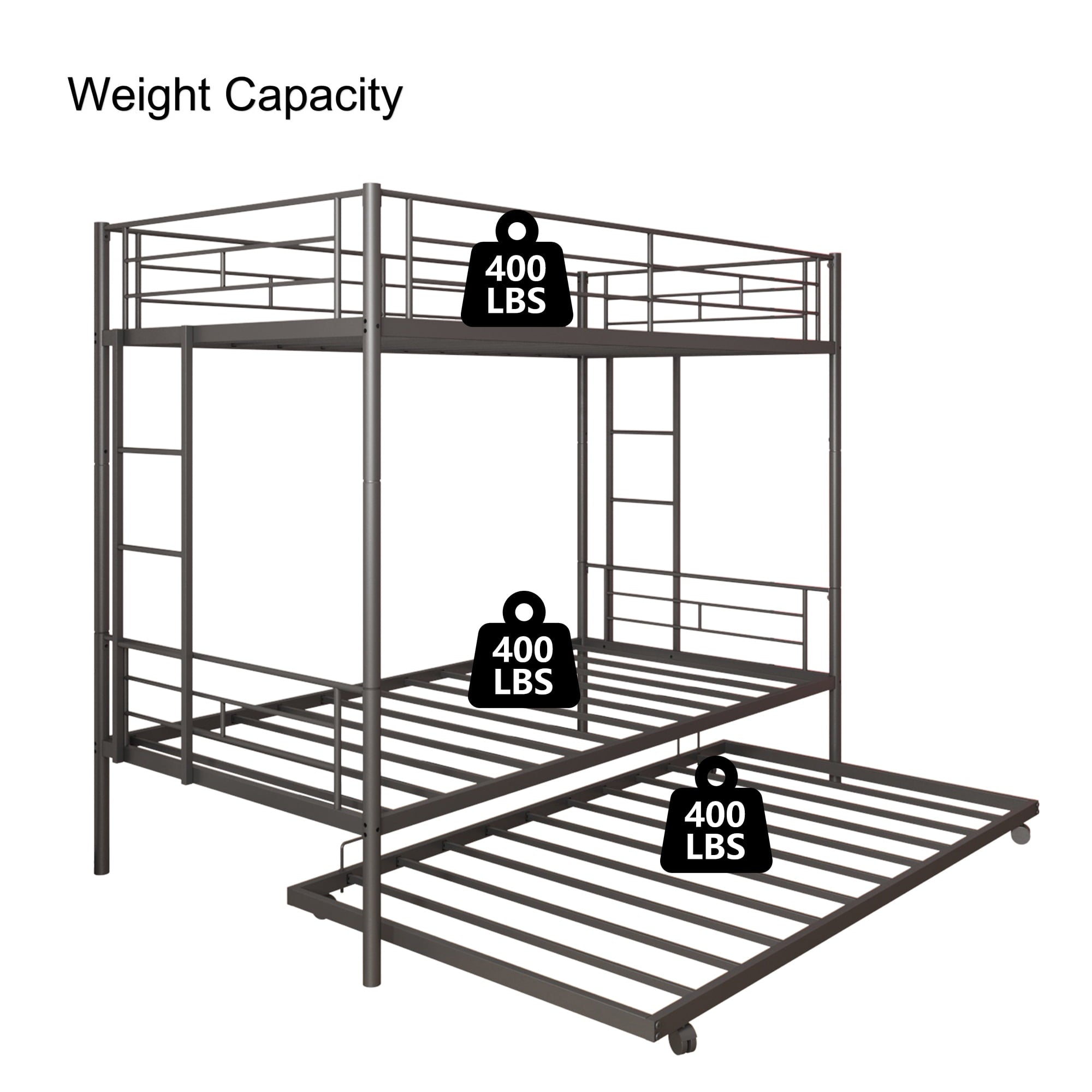 Twin Over Twin Bunk Bed with Trundle, Metal Twin Bed with Safety Guard Rail and Ladders, Space-Saving Design Sleeping Bedroom Bunk Bed for Boys, Girls, Kids, Young Teens and Adults, Easy Assembly, K92
