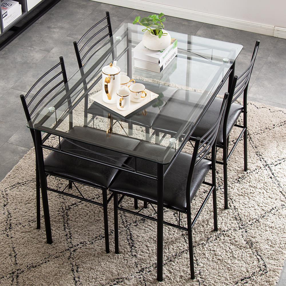 Zimtown 5 Pieces Dining Set Table with 4 Chairs Glass Diner Table with Metal Frame Kitchen Dining Room Furniture Black