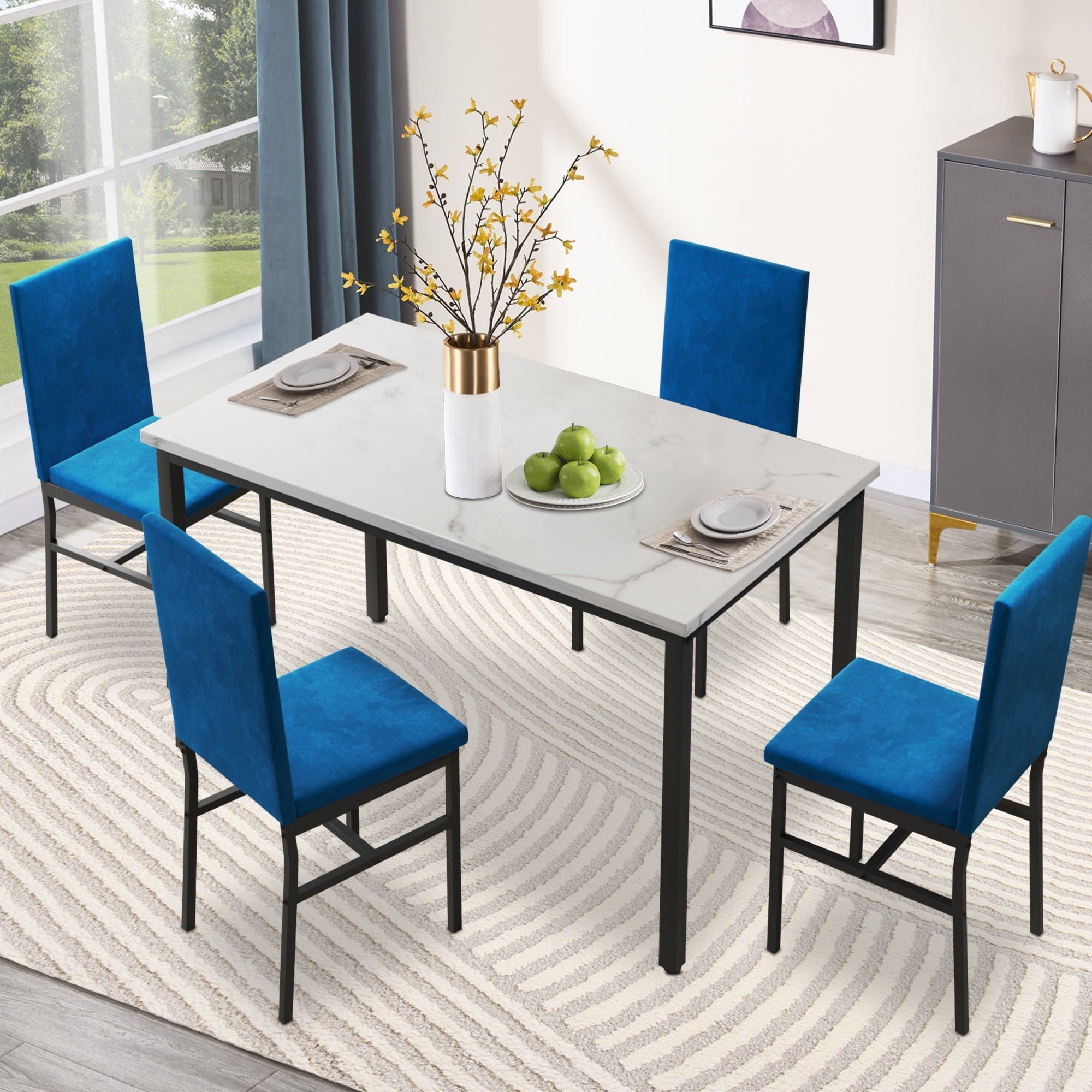 Rectangle Dining Table Set, 5 Pieces Dining Set, Dine Table and 4 Velvet Chairs, Compact Kitchen Table Set for Home, Breakfast Nook, Cafeteria Dining Room, JA4324