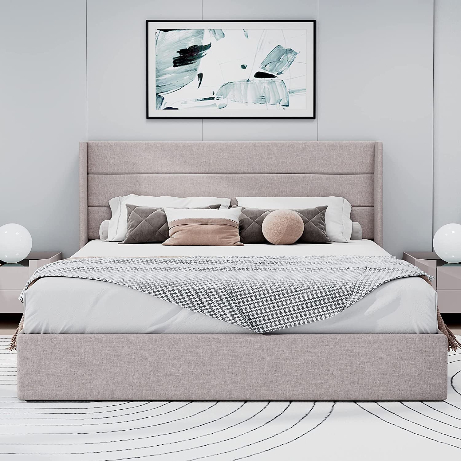 Allewie Queen Size Lift Up Storage Upholstered Bed with Pannel Wingback Headboard, Light Beige